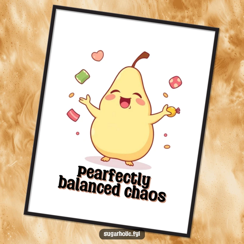 Funny laughing pear poster, vibrant cartoon art of a pear juggling candies with a cheerful expression, bringing joy to any space.