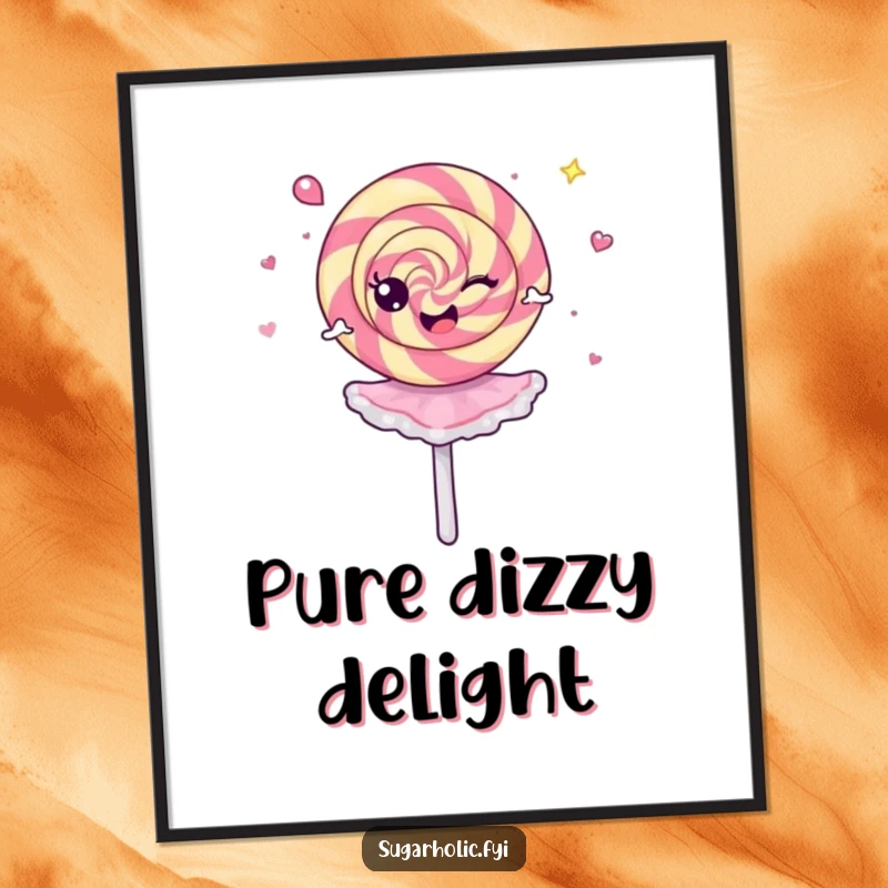 Funny Poster of a cheerful lollipop mid-spin like a dizzy ballerina, adding vibrant, happy energy to decor.