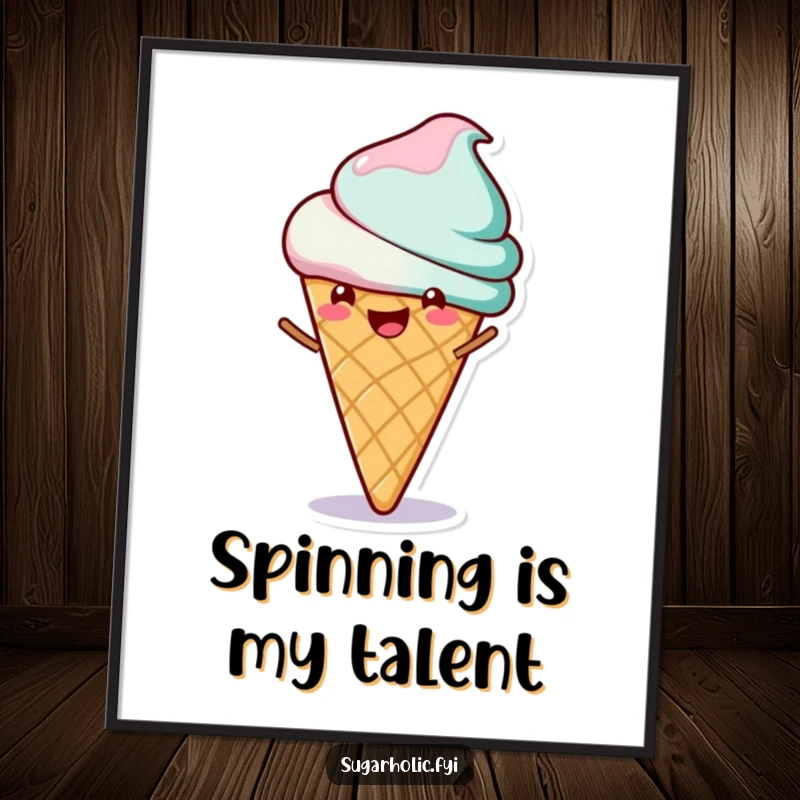 Funny poster featuring a cheerful ice cream cone character joyfully spinning, evoking pure, contagious happiness and sweetness.