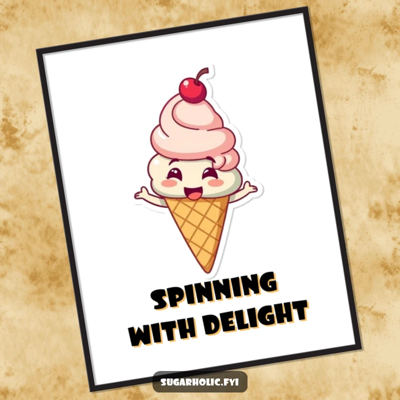 Funny ice cream cone character with a cherry on top giggling and spinning on a poster, a vibrant and humorous wall art piece, a funny gift.