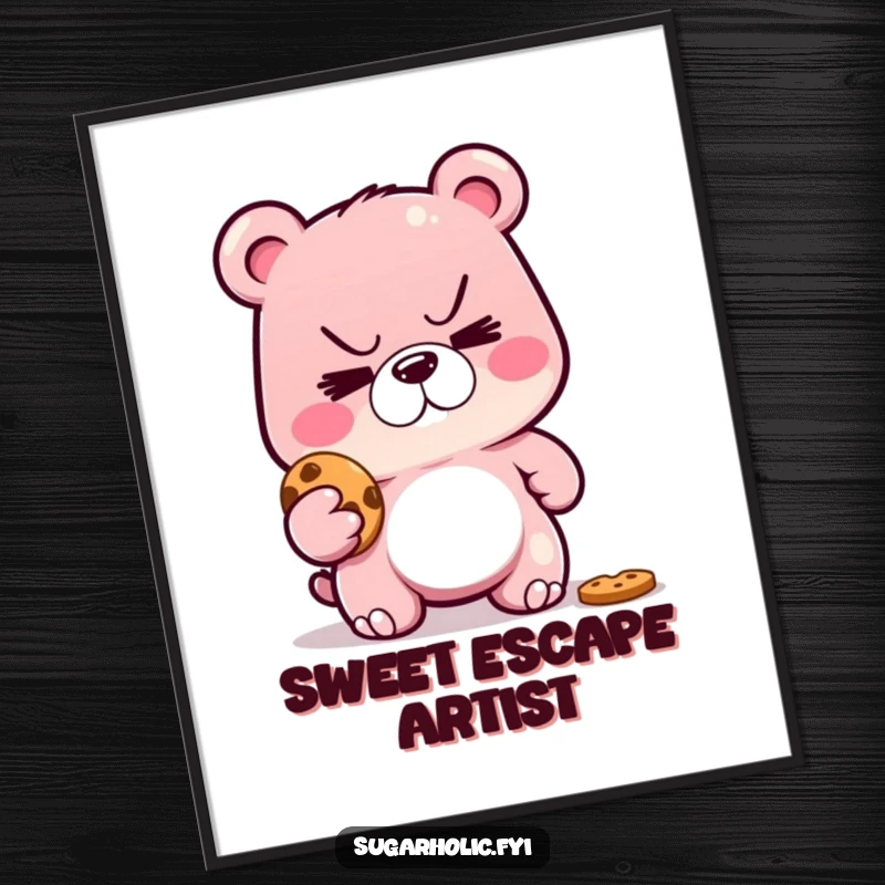 Funny poster featuring a sly gummy bear with a mischievous grin, eyes locked on a cookie it’s trying to steal.