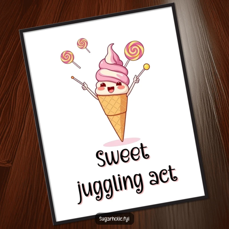 Funny giggling ice cream cone juggling three flying lollipops with its cone, a whimsical and humorous wall art poster.