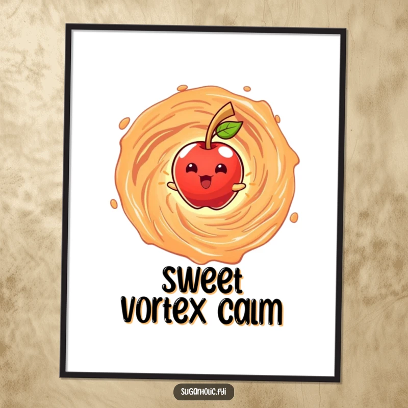 Funny poster of a beaming anthropomorphic candy apple character spinning in a caramel vortex, bringing sweet and humorous vibes to any room.