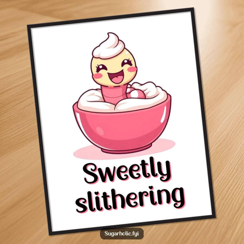 Funny Poster of a delighted gummy worm playfully slithering through a bowl of icing, adding sweet humor.