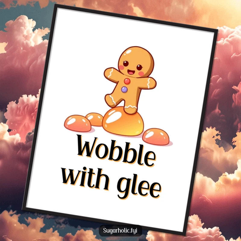 Funny poster featuring a joyful gingerbread person character artfully balancing on wobbling jelly candies, celebrating sweet equilibrium.