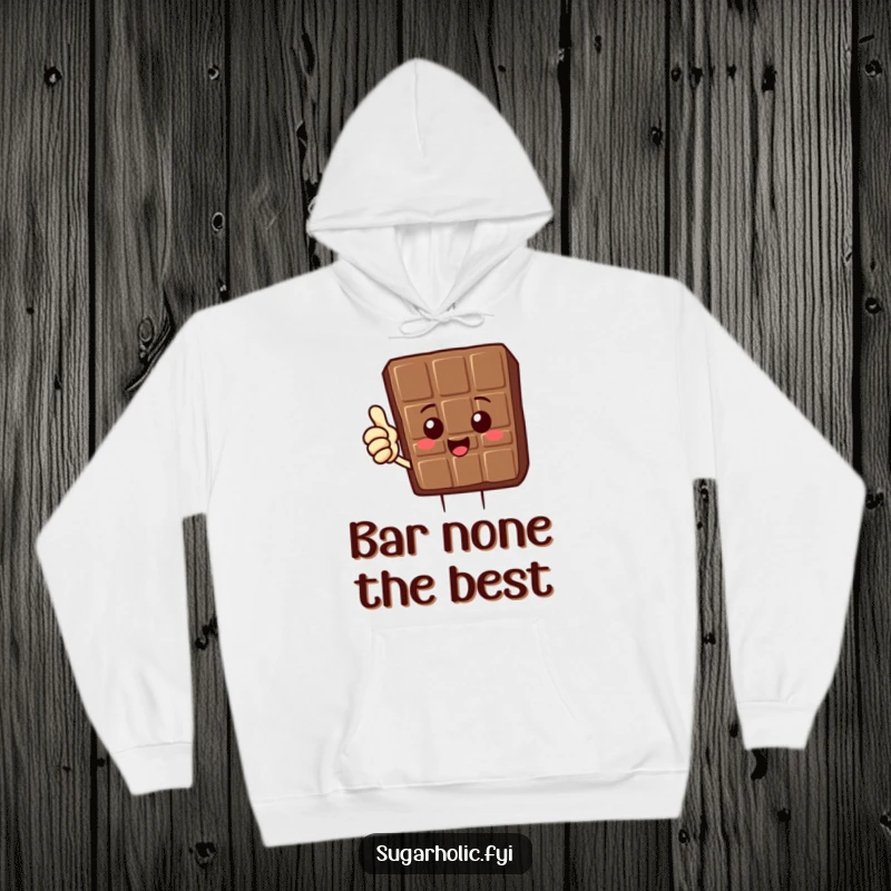 Funny Chocolate Bar Hoodie with a delighted chocolate bar character giving a thumbs up, cozy and funny gift.