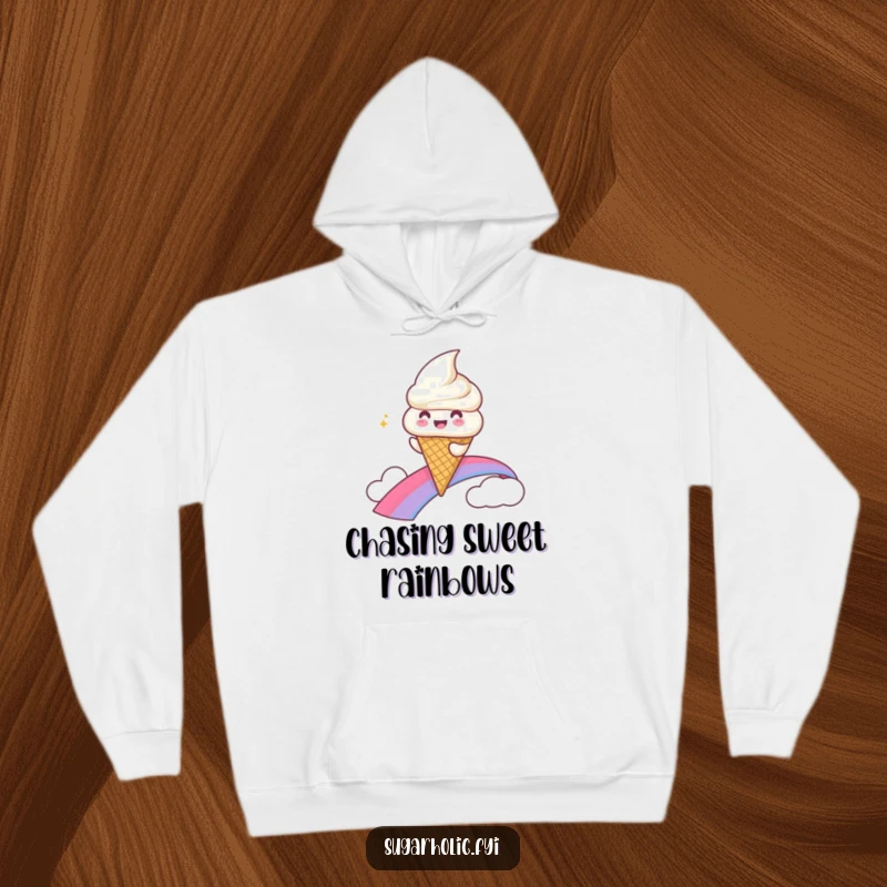 Funny Hoodie featuring a gleeful ice cream cone character in mid-slide down a bright rainbow, radiating happiness.