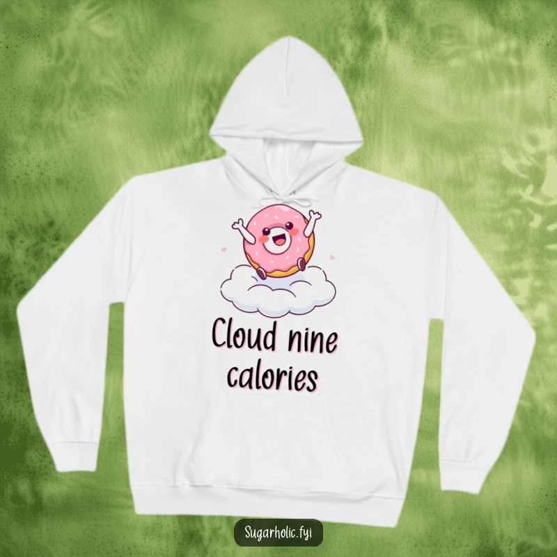 Funny hoodie depicting a delighted doughnut character in a dynamic cartwheel pose on a fluffy, sugary cloud, symbolizing unrestrained happiness.