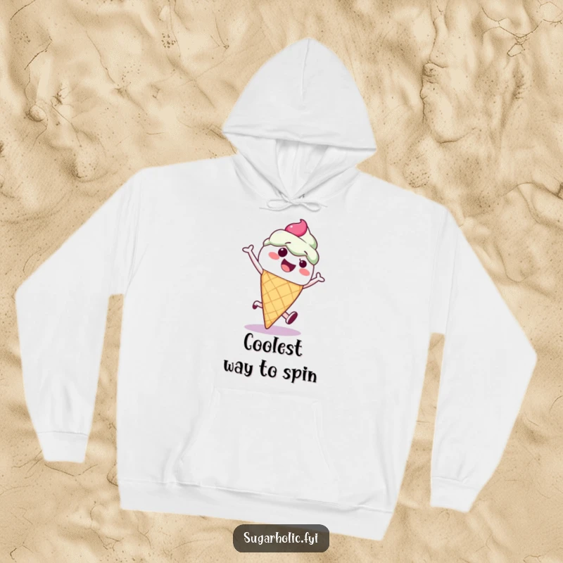 Funny ice cream cone character doing a cartwheel, captured on a soft and humorous hoodie for cozy, playful vibes.