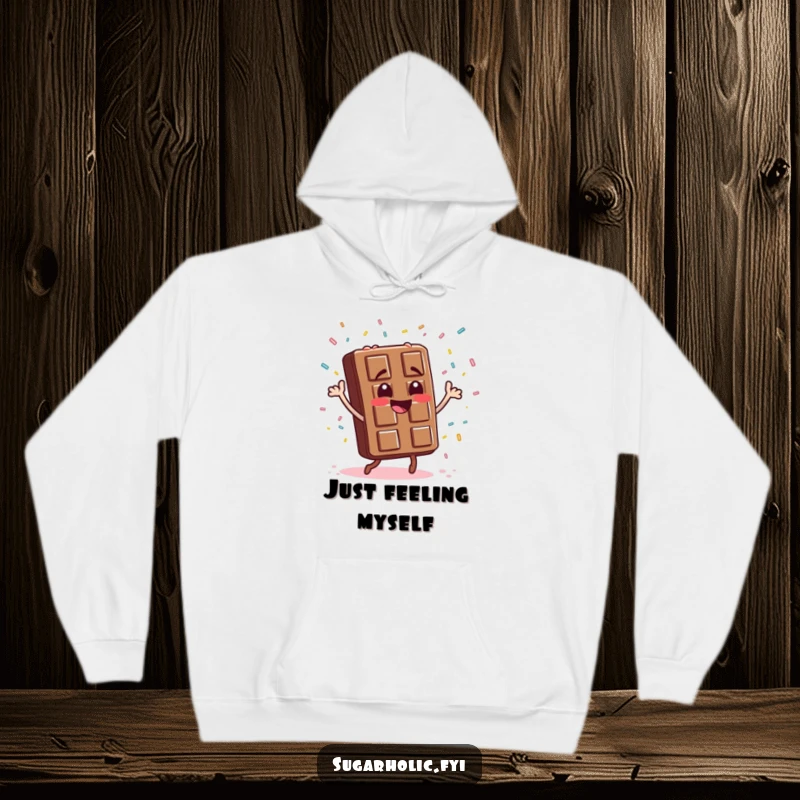 Funny chocolate bar character performing a hilarious dance surrounded by a festive explosion of candy sprinkles, a cozy hoodie for laughter.