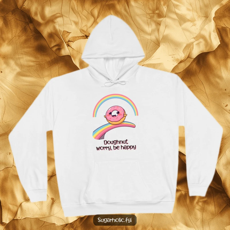 Funny cartoon donut character comically sliding across a rainbow bridge, featured on a soft, warm hoodie.