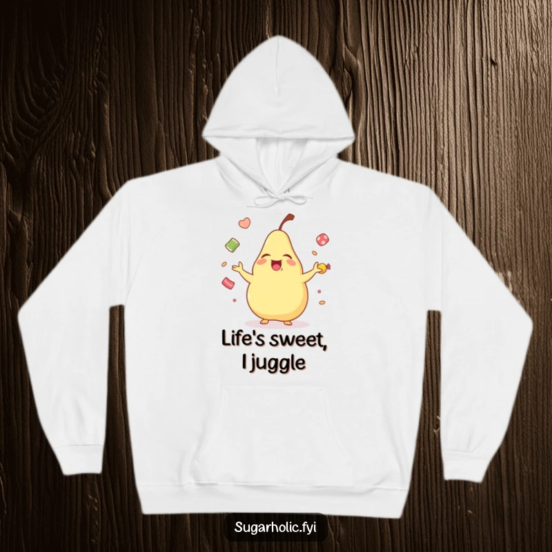 Funny laughing pear hoodie, a warm garment with a cartoon pear joyfully juggling candies, perfect for expressing fun.