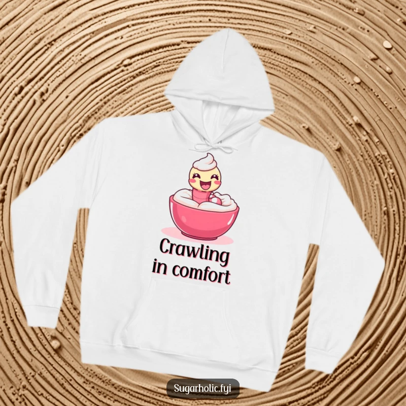 Funny Hoodie with a delighted gummy worm playfully slithering through icing, offering cozy sweetness.