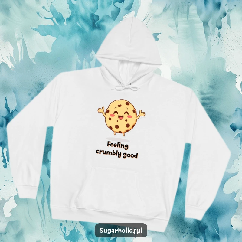Funny cookie character with chocolate chips doing a happy dance on a comfy hoodie, a delightful combination of warmth and humor, a funny gift.