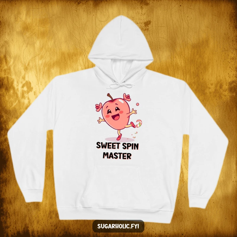 Funny hoodie depicting a thrilled candy apple character performing a cartwheel, leaving a trail of candy, for cozy, energetic wear.
