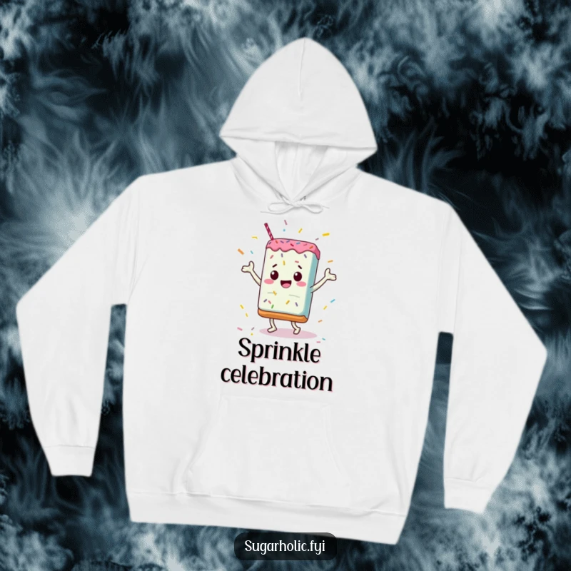 Funny Hoodie: A jubilant candy bar performing a celebratory dance showered in colorful sprinkles, offering cozy and humorous vibes.