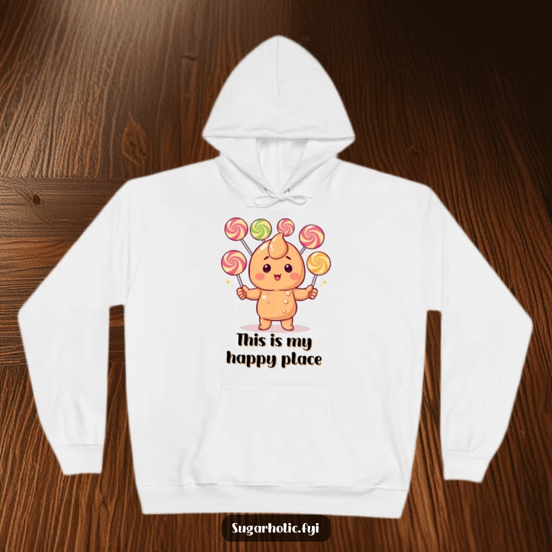 Funny Caramel Candy Hoodie: A blushing caramel character in a humorous pose, juggling multiple colorful gumdrops with a big smile.