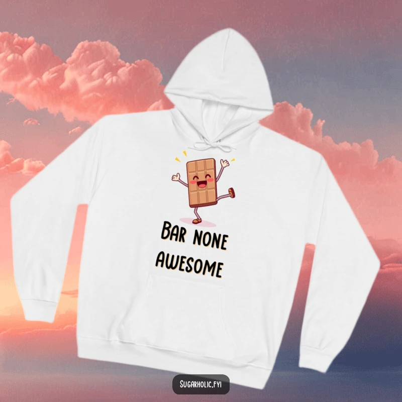Funny hoodie featuring a thrilled anthropomorphic chocolate bar character doing a cartwheel for cozy and energetic humorous wear.