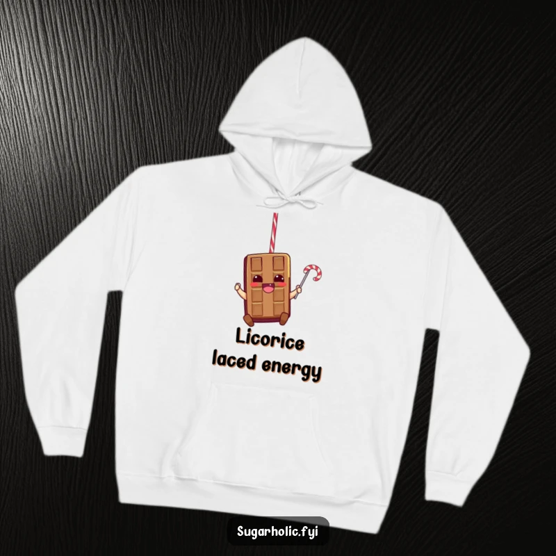 Funny hoodie showing a thrilled chocolate bar character in mid-swing on a licorice rope, perfect for cozy, fun-filled days.