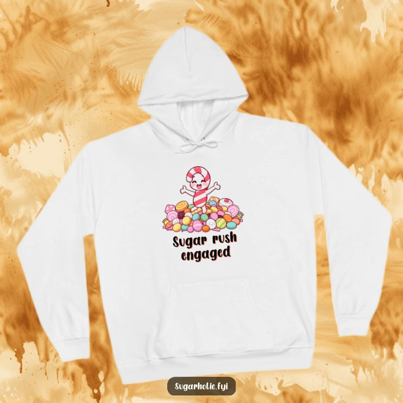 Funny hoodie showing a joyful candy cane character spinning gleefully on a pile of sweets, embodying festive delight.