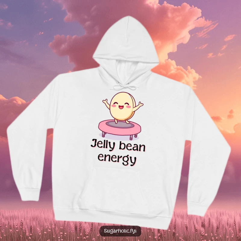 Funny macaron hoodie featuring a delighted character bouncing on a jelly bean trampoline, cozy and hilarious gift for joyful people and sweet enthusiasts.