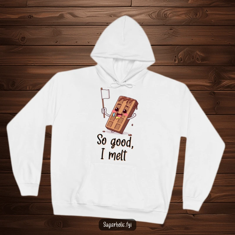 Funny hoodie showing a melting chocolate bar character comically waving a dripping flag, embodying a humorous and sticky situation.