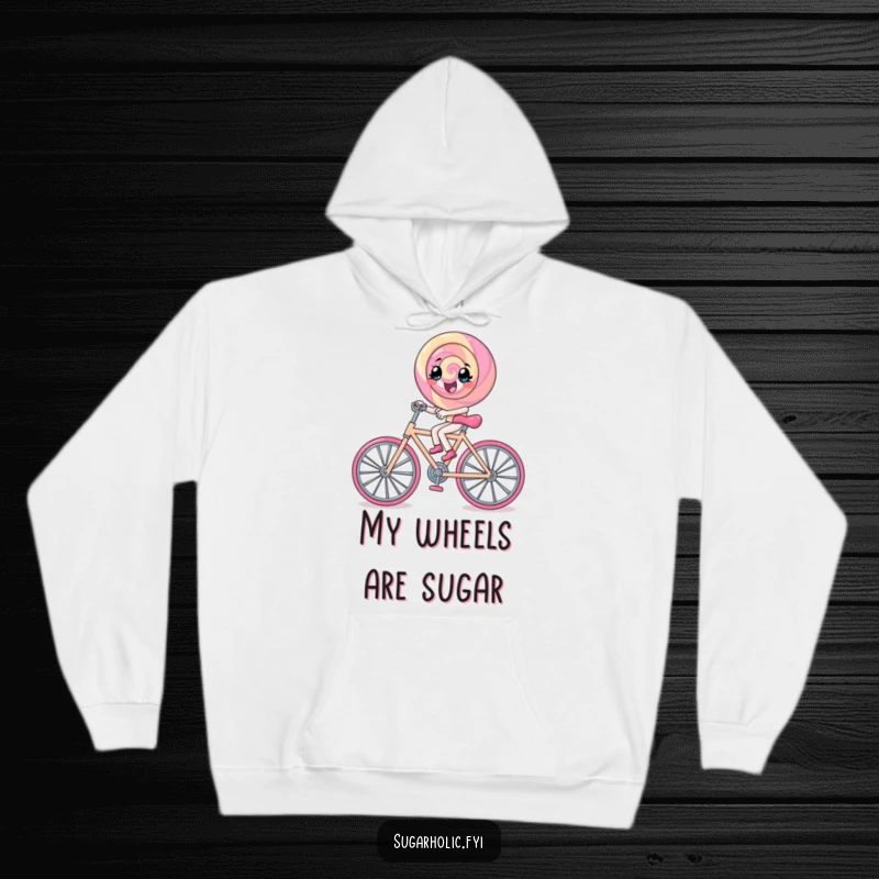 Funny lollipop character excitedly pedals a tiny rock candy bicycle, bringing a sweet and humorous touch to this hoodie.