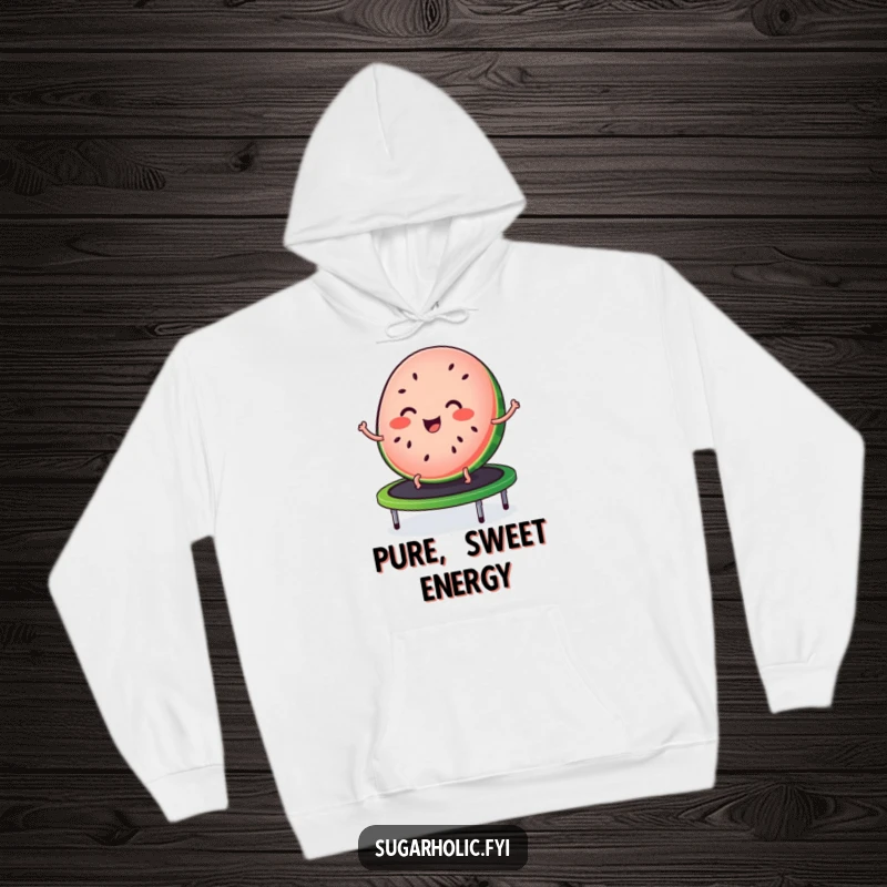 Funny hoodie featuring a joyful slice of watermelon with seed freckles, happily bouncing on a trampoline, offering cozy vibes.