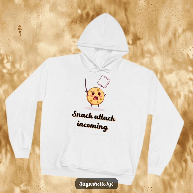 Funny hoodie depicting a surprised cookie character comically trying to catch a floating marshmallow, perfect for cozy, humorous wear.