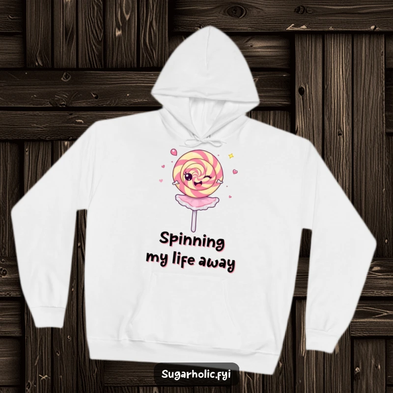 Funny Hoodie showcasing a cheerful lollipop in a dizzy ballerina spin, offering warmth and humorous delight.
