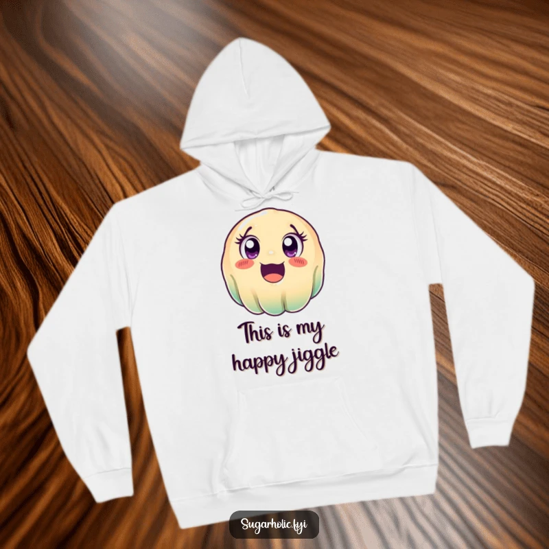 Funny wobbly jelly hoodie, a cozy garment showcasing a cute, excited cartoon jelly character in mid-roll, perfect for humor lovers.
