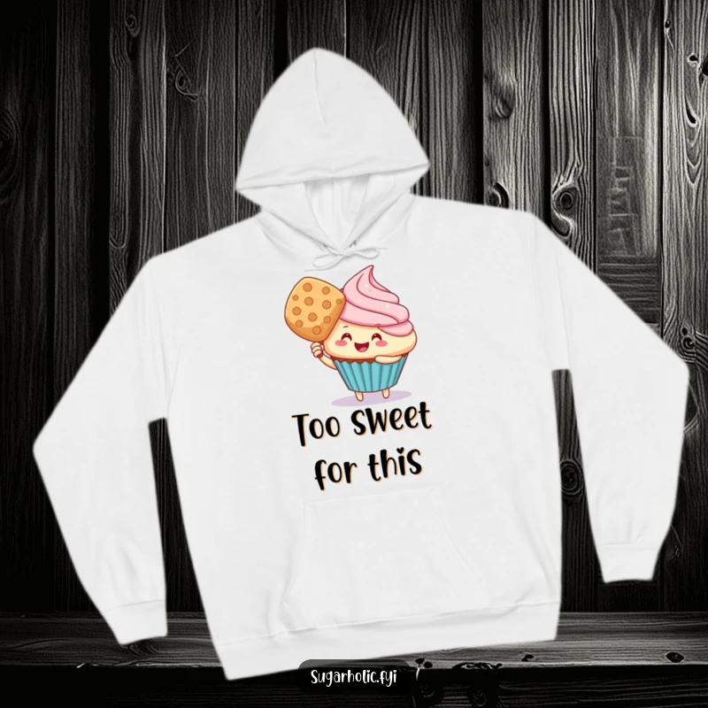 Funny cupcake character fanning itself with a wafer, designed on a soft hoodie, showcasing delightful and comical heat relief.