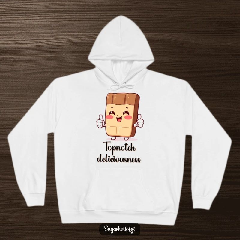 Funny Hoodie: A comfortable hooded sweatshirt displaying a blushing chocolate bar character giving two thumbs up, radiating sweet approval.