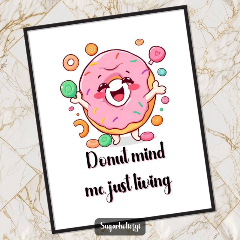 Funny free printable wall art of a smiling donut character joyfully juggling a cascade of colorful candies, a vibrant and humorous decor piece.