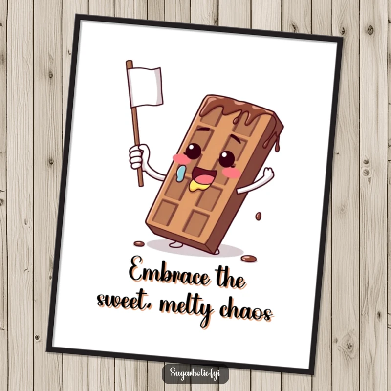 Funny free printable wall art of a melting chocolate bar comically waving a dripping flag, adding humorous decor.