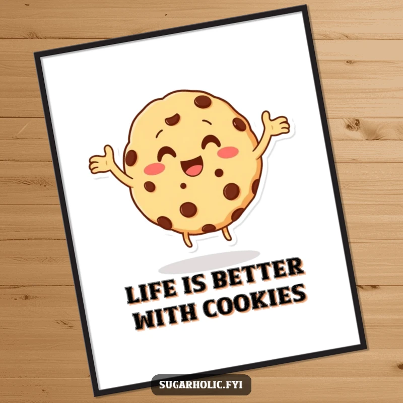 Funny Free Printable cookie character with chocolate chips, dancing joyfully, adding a playful and sweet vibe to art.