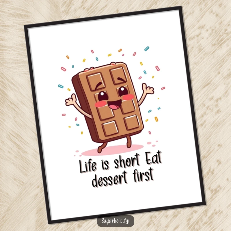 Funny Free Printable Wall Art: Smiling chocolate bar character performing a silly dance with sprinkles raining down like confetti.