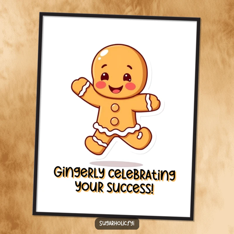 Free printable wall art of a blushing gingerbread man character captured mid-air doing an ecstatic happy leap.