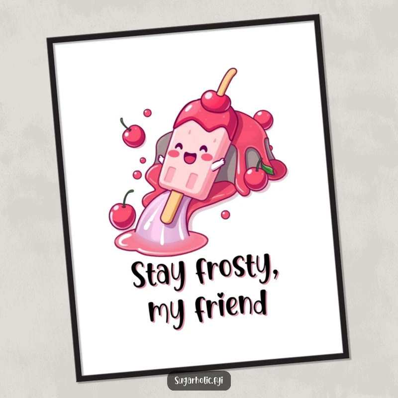 Funny Free Printable Popsicle Wall Art: A gleeful popsicle character sliding down a cherry syrup waterfall, creating refreshing decor.