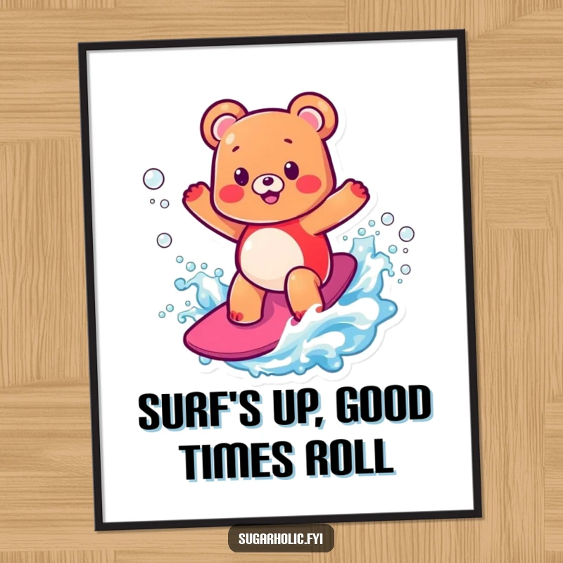 Funny Free Printable Wall Art: A happy gummy bear character expertly surfing a wave made of fizzy soda.