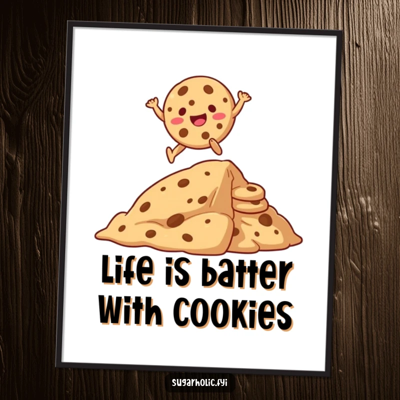 Funny Free Printable Wall Art: A joyful cookie character is captured mid-leap over an enormous stack of cookies.