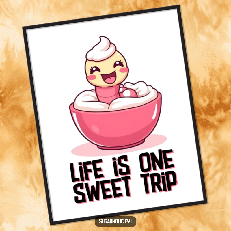 Funny Free Printable Wall Art of a delighted gummy worm playing in a bowl of sweet icing, bringing joy.