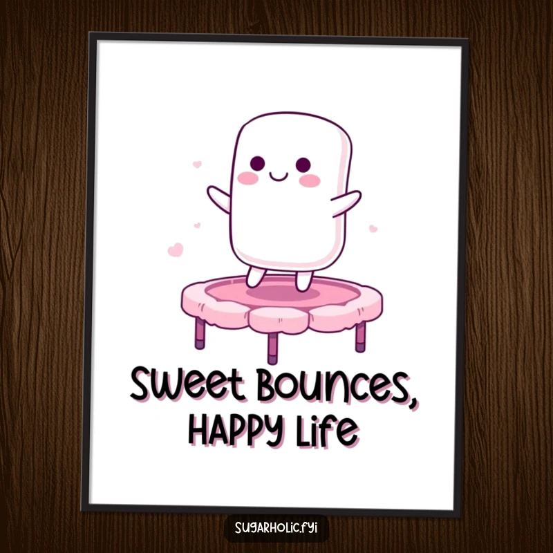 Funny Free Printable Wall Art: Adorable marshmallow character smiling while bouncing on a trampoline made of candy floss.