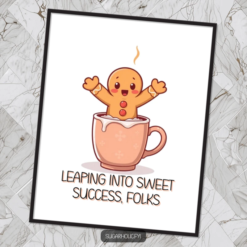 Funny free printable wall art of a surprised gingerbread man comically leaping over a steaming mug of cocoa, adding whimsy.