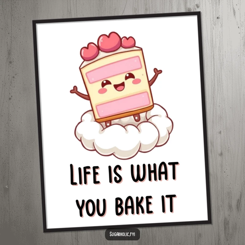 Funny free printable wall art of a happy cake slice joyfully bouncing on a cloud made of whipped cream.