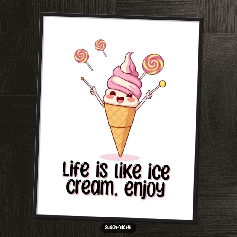 Funny free printable wall art of a giggling ice cream cone juggling three flying lollipops with its cone.