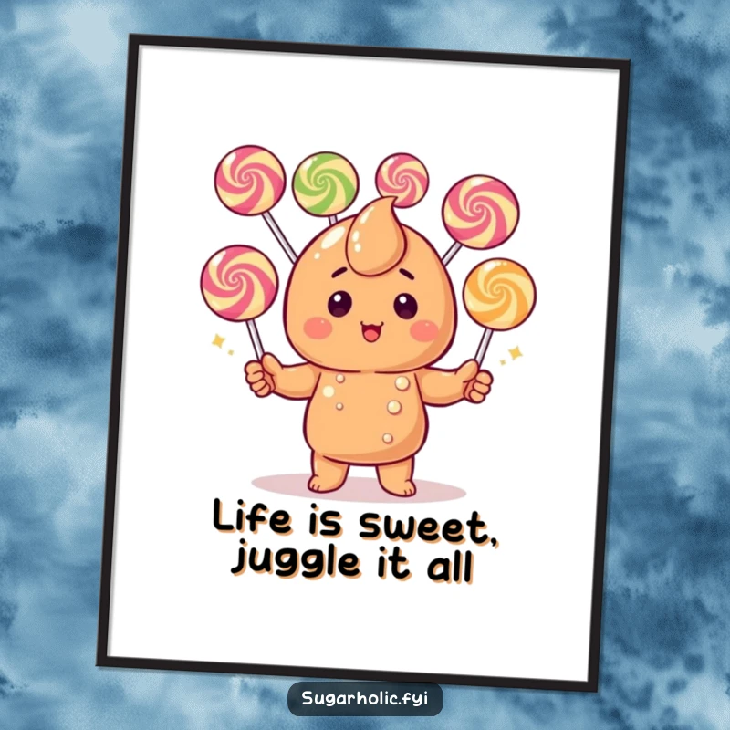 Funny Free Printable Wall Art: A blushing caramel candy character masterfully juggles a vibrant mix of gumdrops, perfect for kitchens.