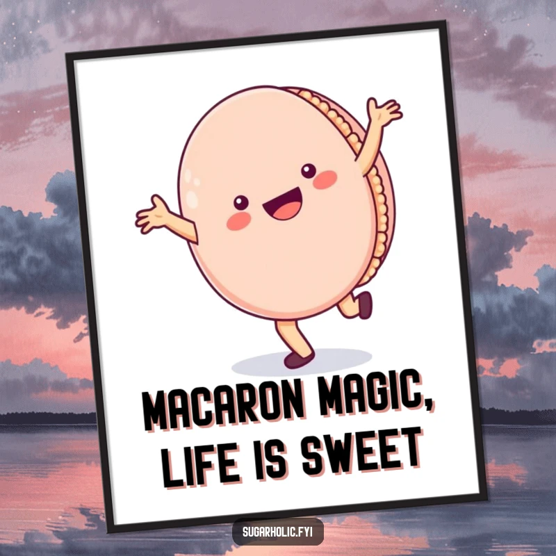 Funny Free Printable Wall Art: A cheerful macaron character performs a cartwheel with a wide, happy smile.