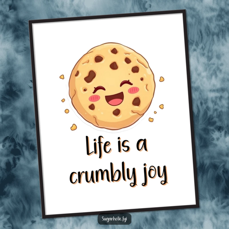 Funny Free Printable Wall Art of a cookie joyfully disintegrating into crumbs with a delighted expression.