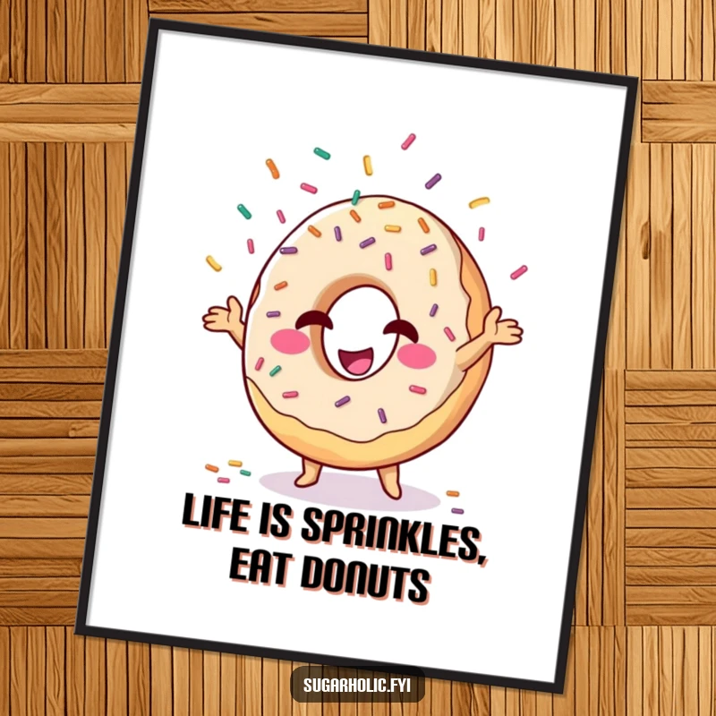 Funny Free Printable Wall Art: Winking donut character skillfully juggling falling sprinkles, a quirky piece.